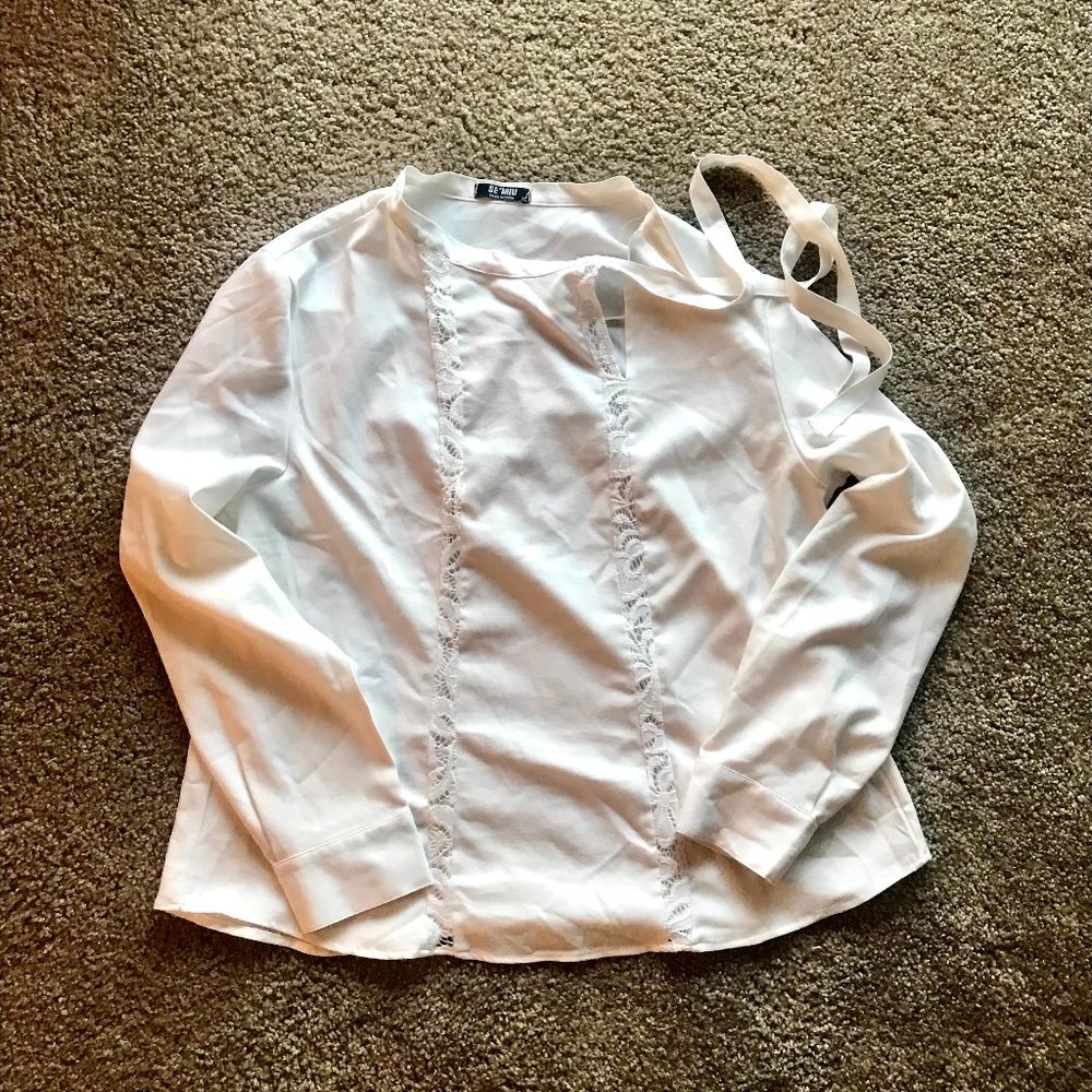 Business Casual White Top with Tie and Lace